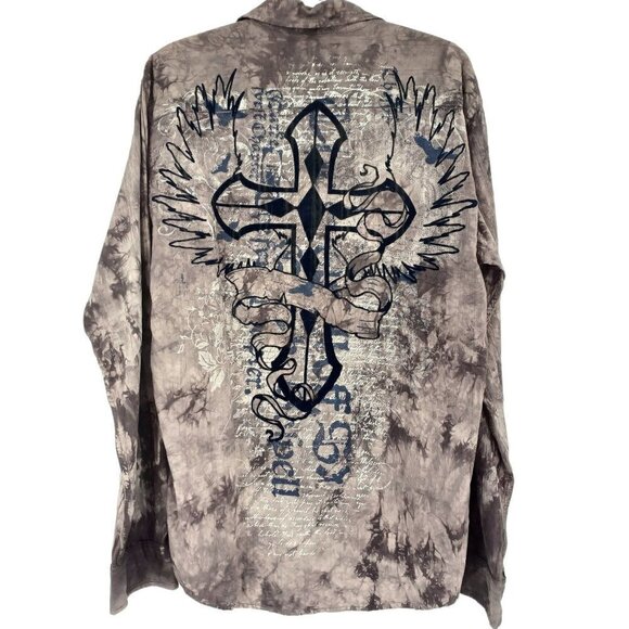 Helix Brown Tie Dye Velvet Crosses Graphic Button Down Shirt Men's L Long Sleeve - Picture 2 of 6